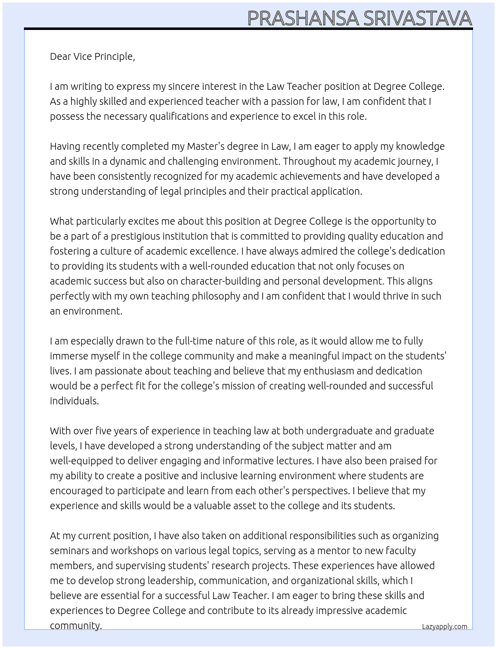 LAW TEACHER At DEGREE COLLAGE Cover Letter
