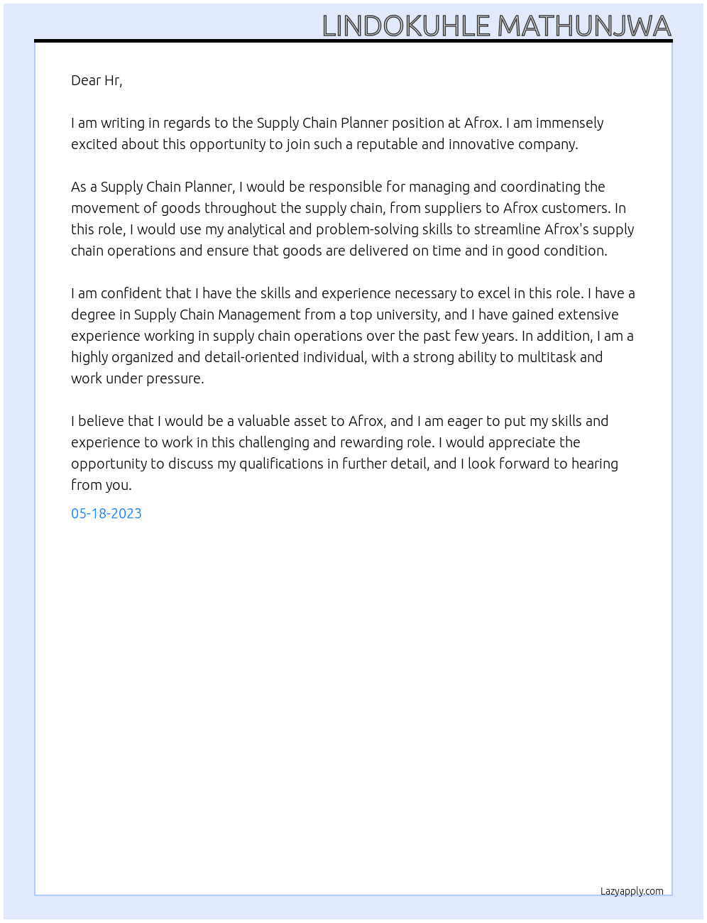 Supply chain planner At Afrox  Cover Letter