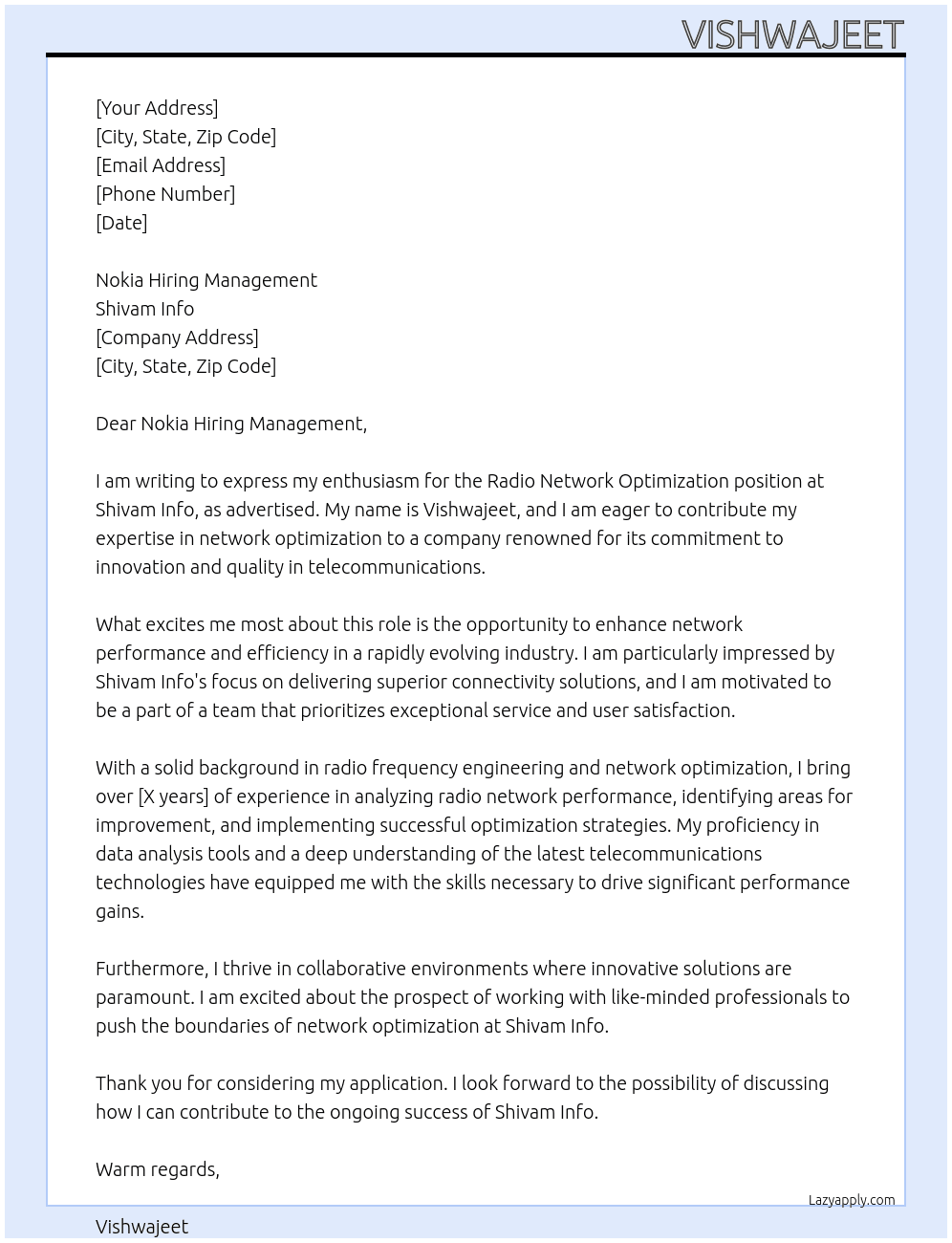 radio network optimization  At shivam info Cover Letter