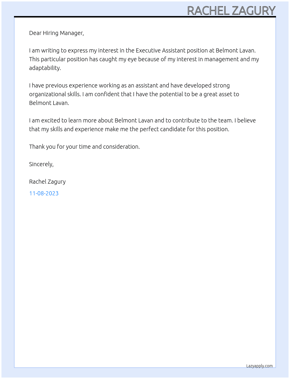 Executive Assistant At Belmont Lavan Cover Letter