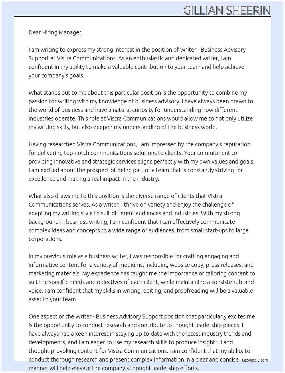 Writer - Business Advisory Support At Vistra Communications Cover Letter
