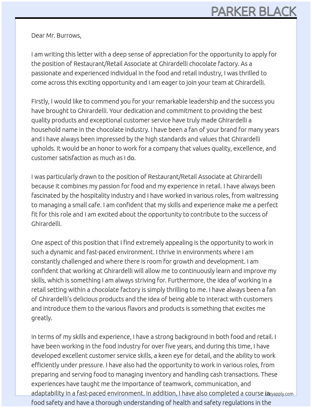 Restaurant/Retail Associate At Ghirardelli chocolate factory Cover Letter