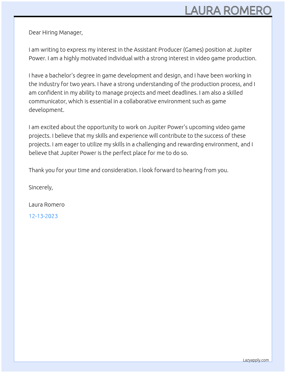Assistant Producer (Games) At Jupiter Power Cover Letter