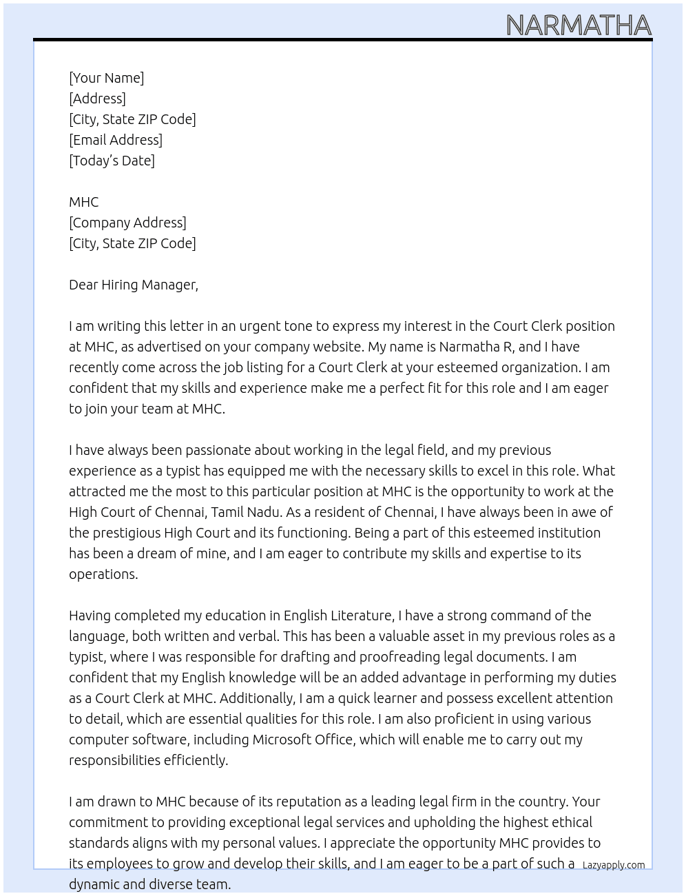 Court clerk At MHC  Cover Letter