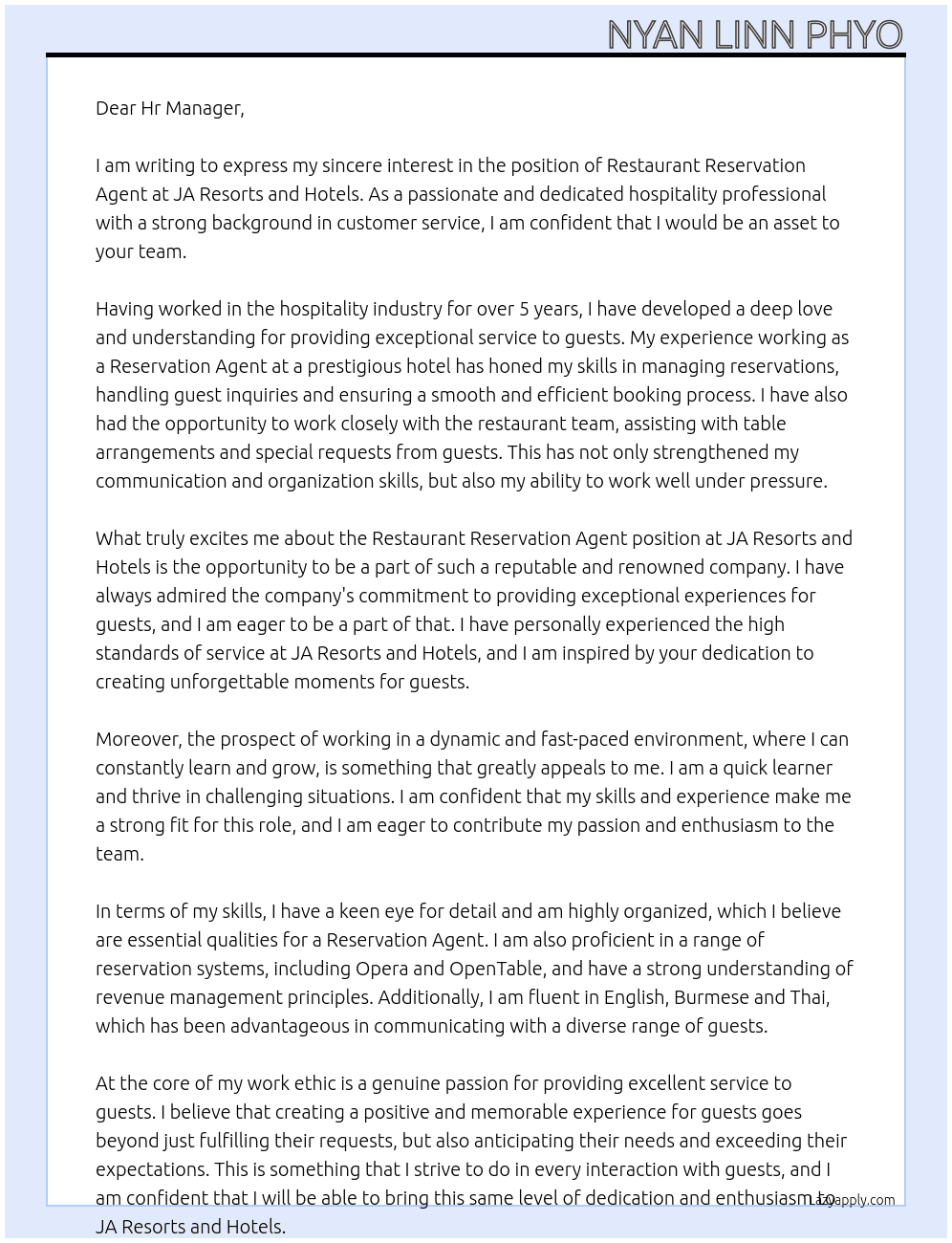 Restaurant Reservation Agent   At JA Resorts and Hotels Cover Letter