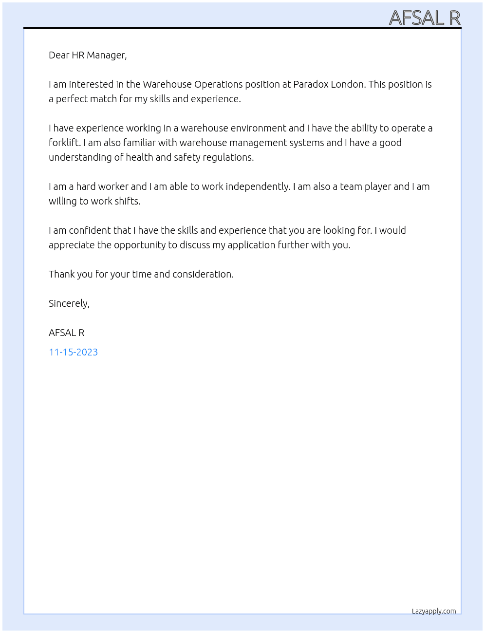 Warehouse Operations At PARADOX LONDON Cover Letter