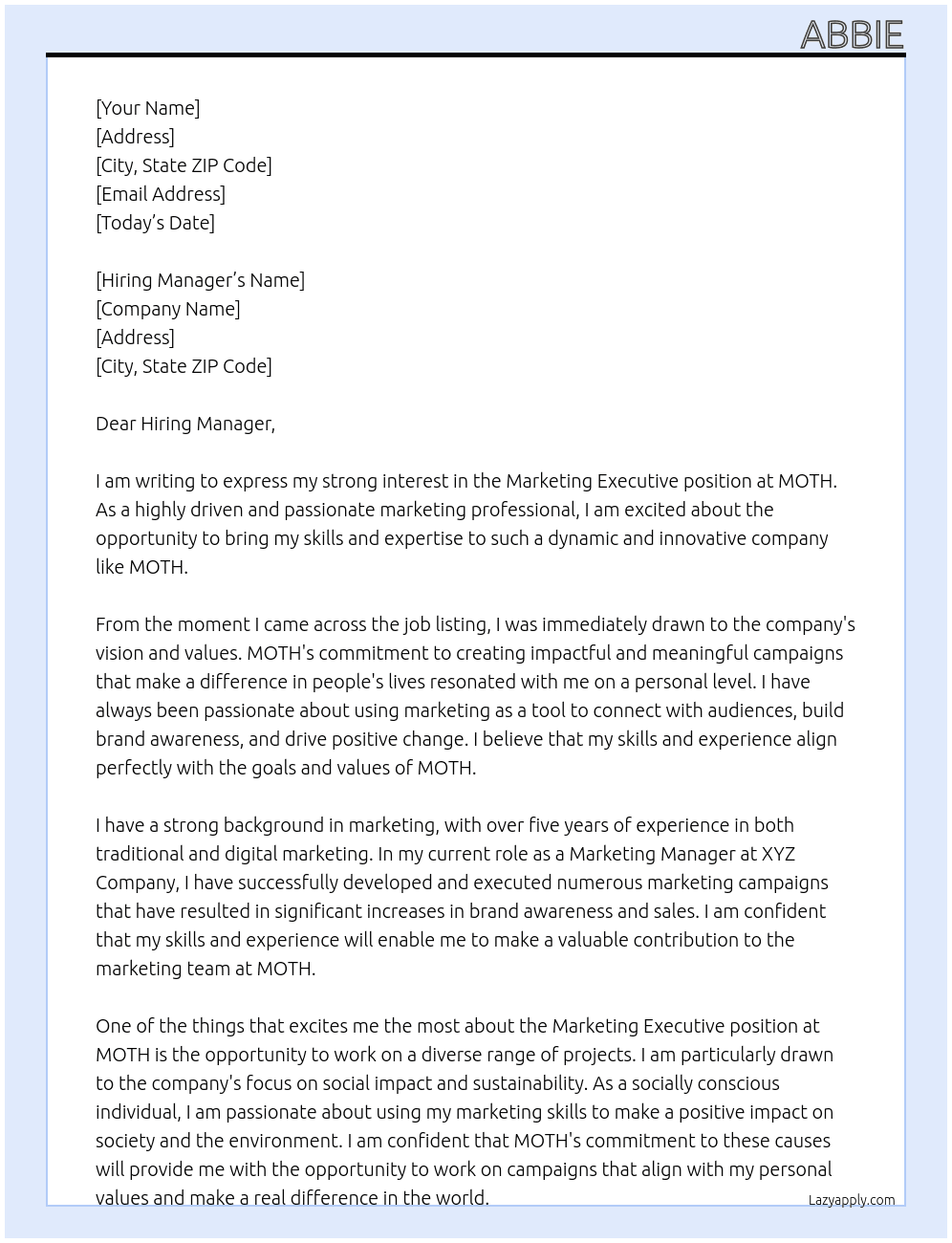 Marketing Executive At MOTH Cover Letter