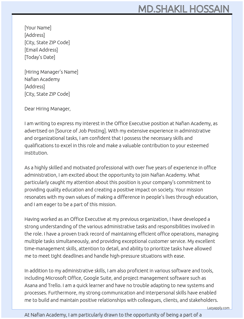 Office executive  At Nafian Academy  Cover Letter
