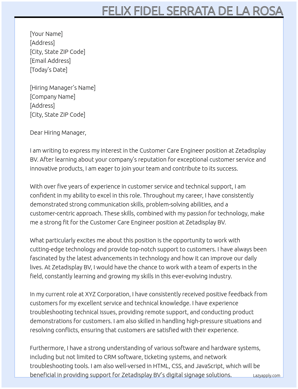 Customer Care Engineer At zetadisplay BV Cover Letter
