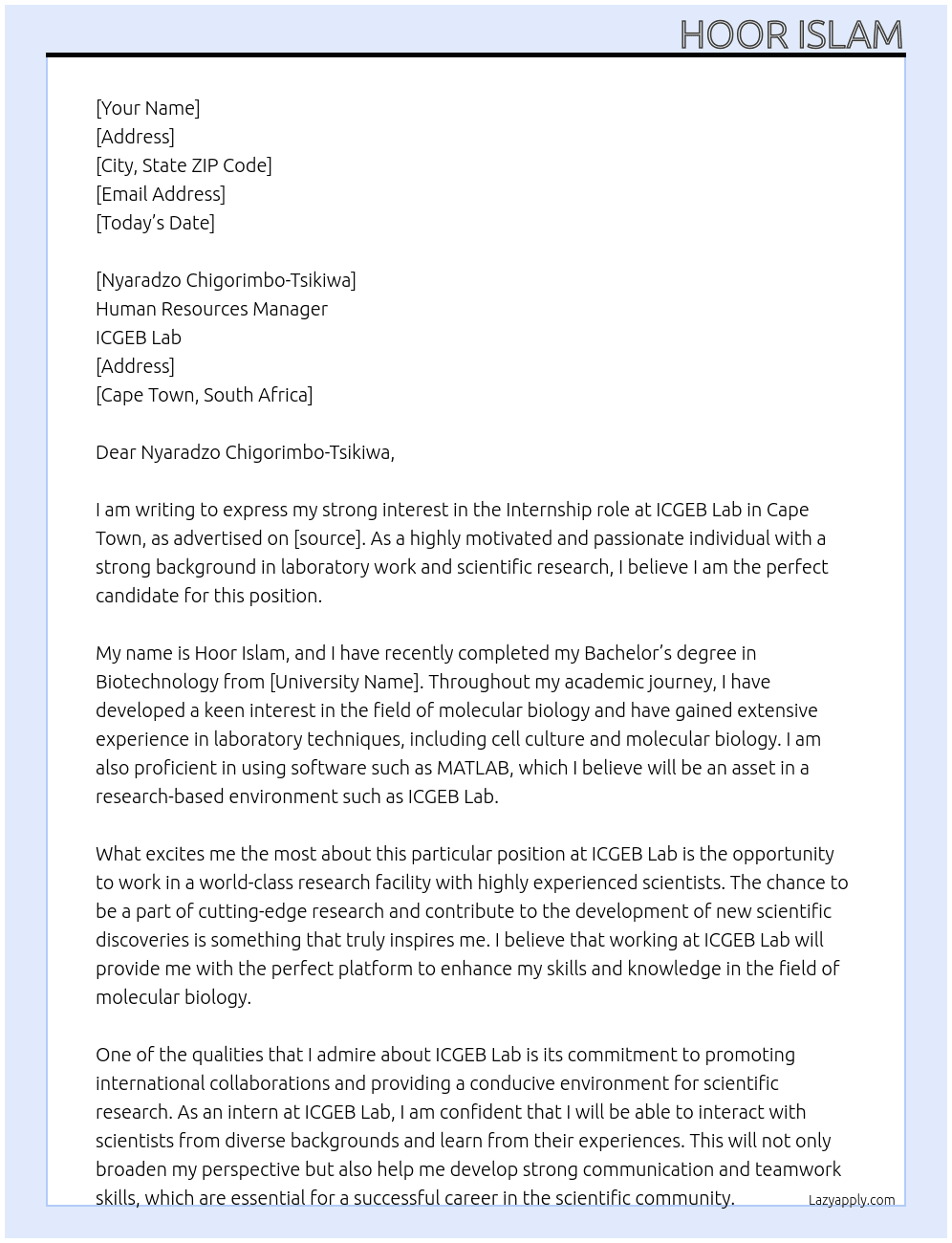 intern At icgeb lab Cover Letter