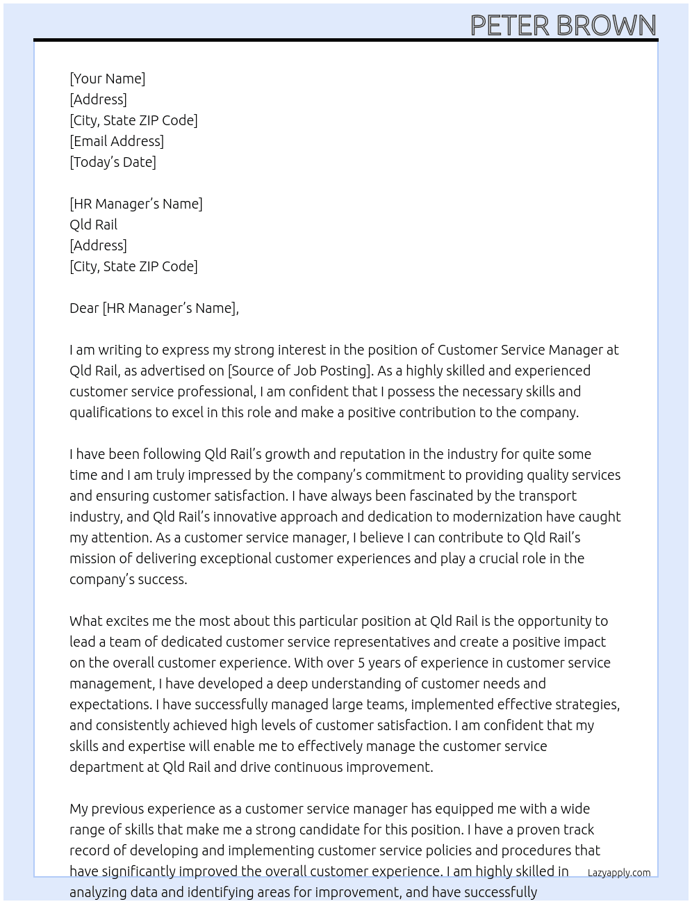 Customer service manager At Qld Rail Cover Letter