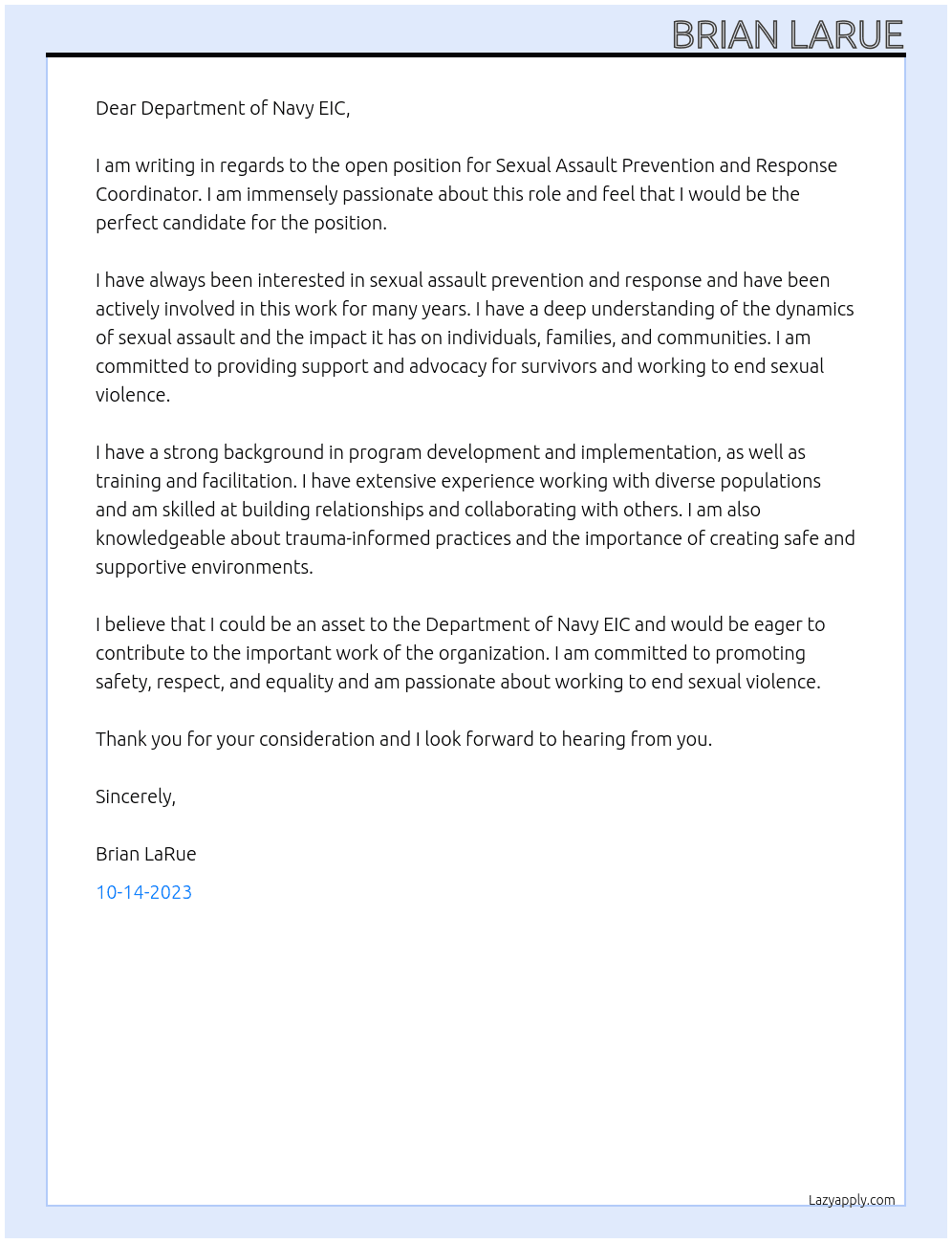 Sexual Assault Prevention and Response Coordinator At Department of Navy EIC Cover Letter