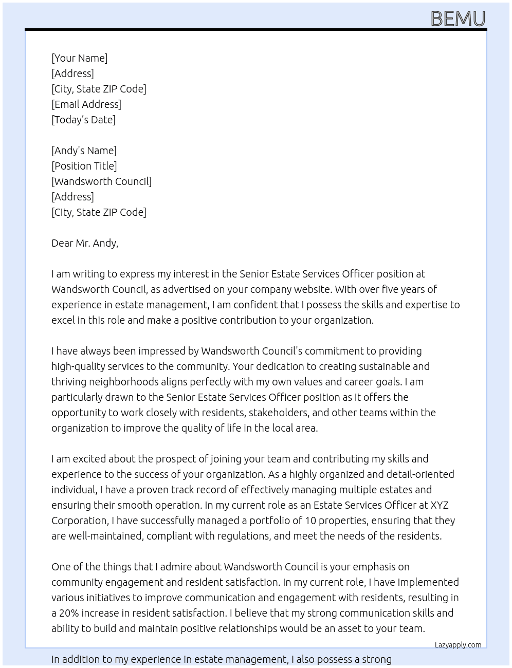 Senior Estate Services Officer At wandsworth council Cover Letter
