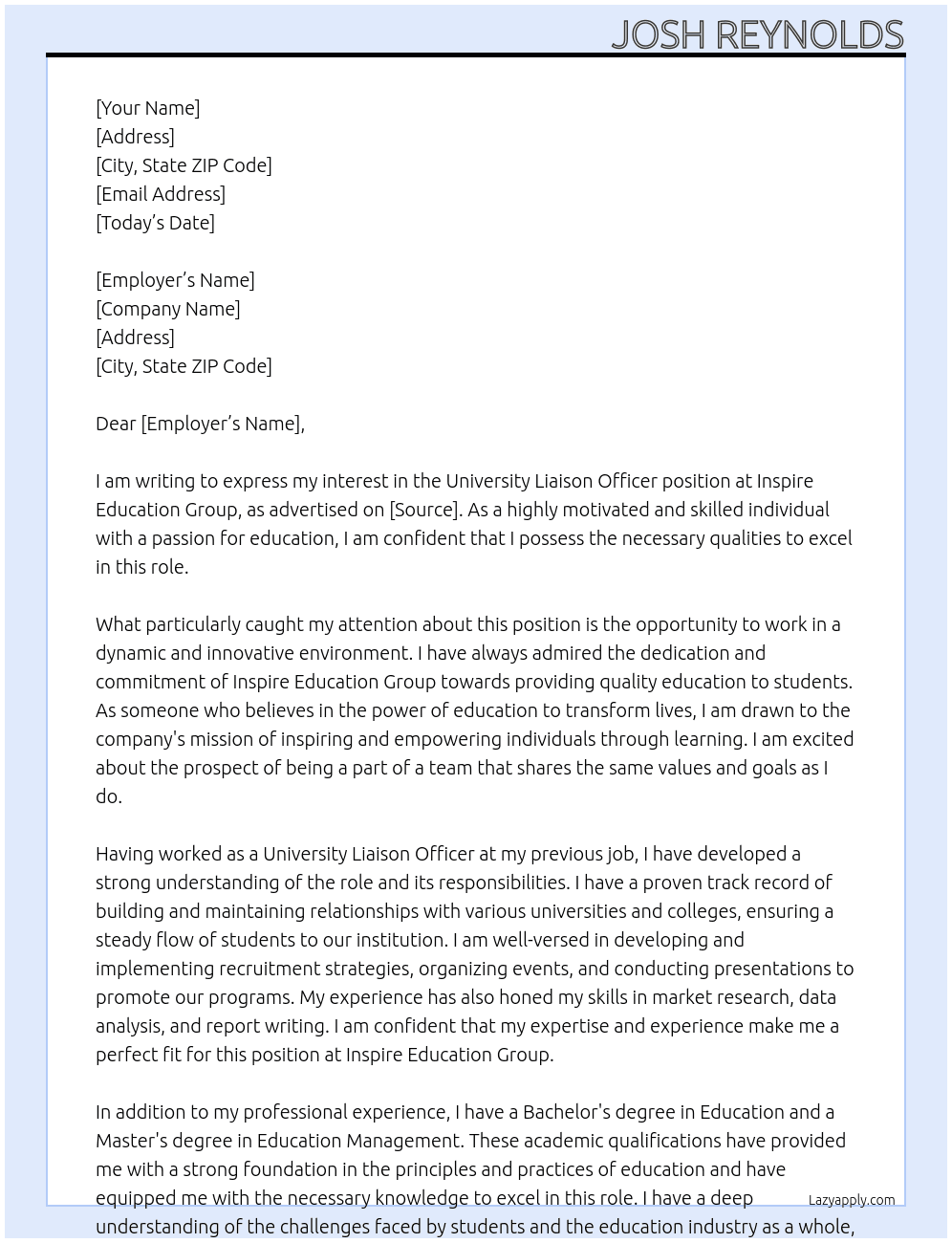 University Liaison Officer  At Inspire Education Group Cover Letter