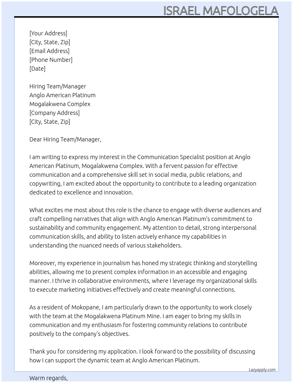 Communication Specialist At anglo American Platinum - Mogalakwena Complex Cover Letter