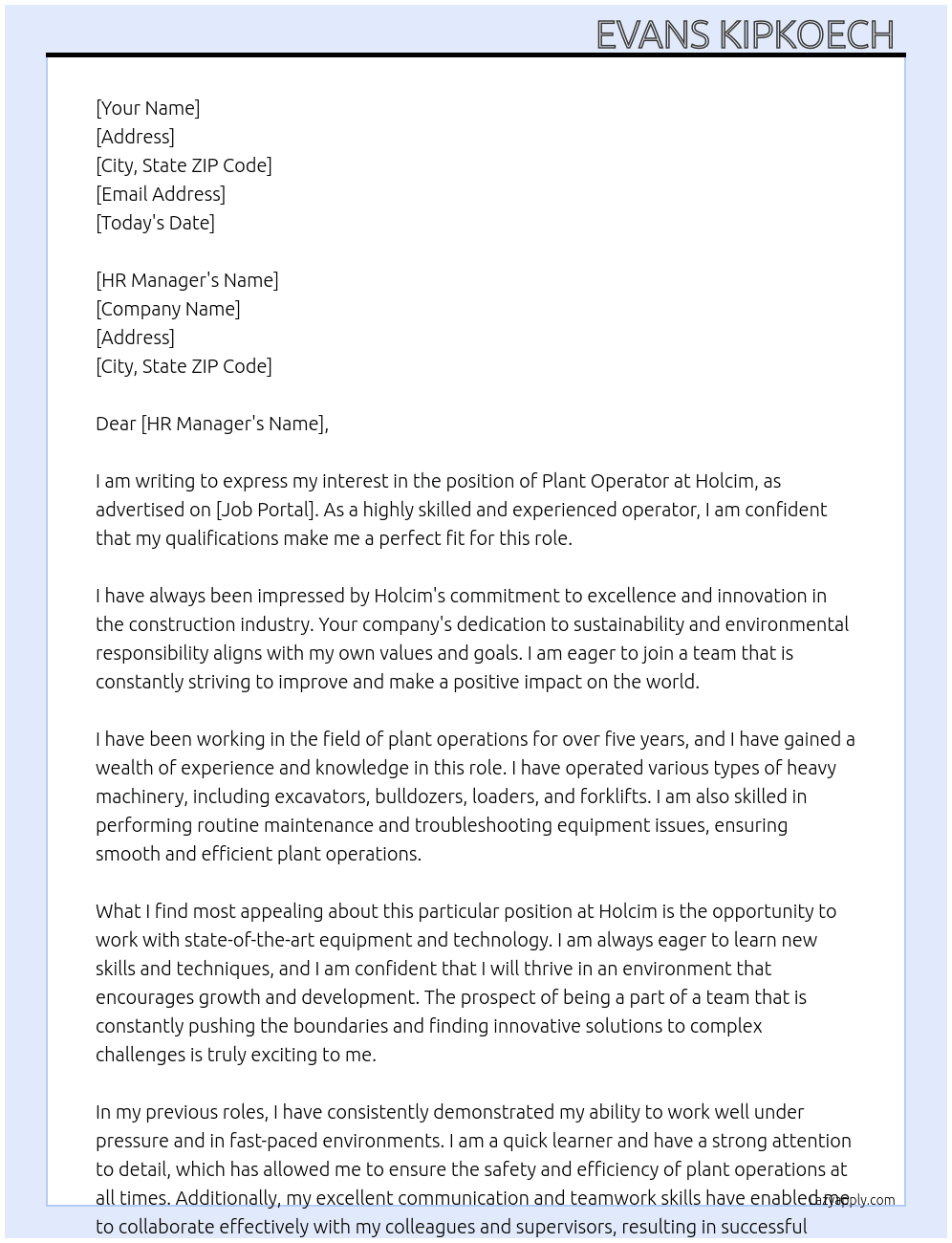 PLANT OPERATOR  At Holcim  Cover Letter