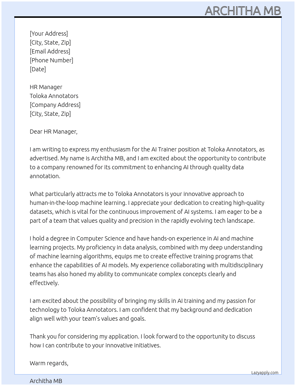 AI trainer At Toloka Annotators Cover Letter
