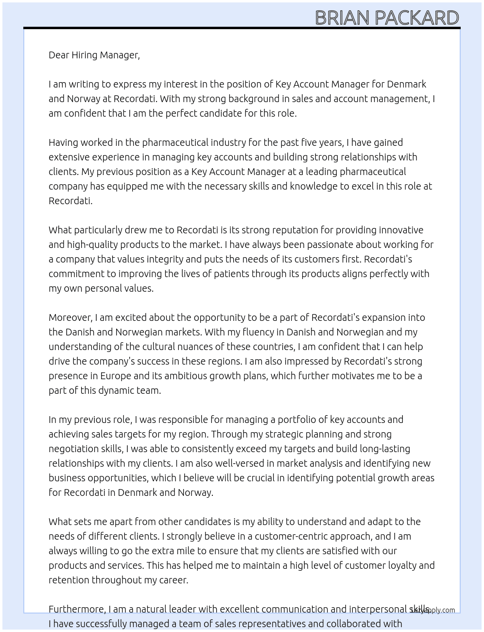 Key Account Manager, Denmark & Norway At Recordati Cover Letter