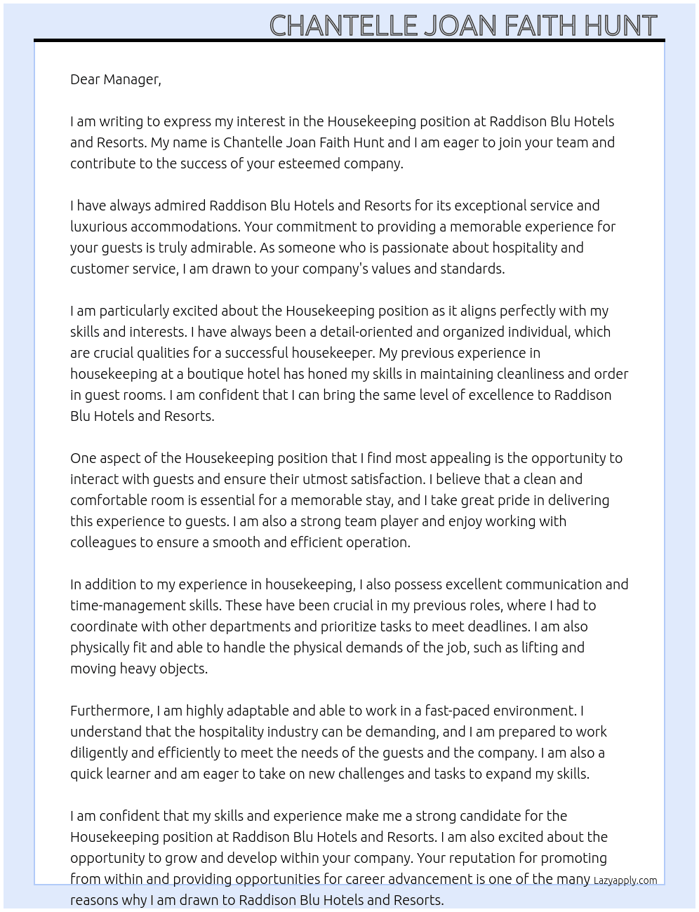 House keeping  At Raddison Blu Hotels and Resorts  Cover Letter