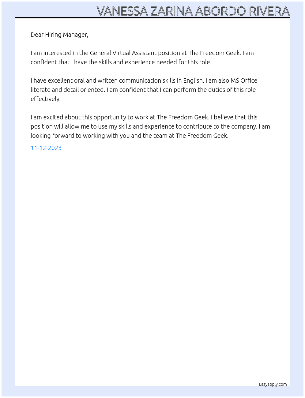 General Virtual Assistant At  The Freedom Geek Cover Letter