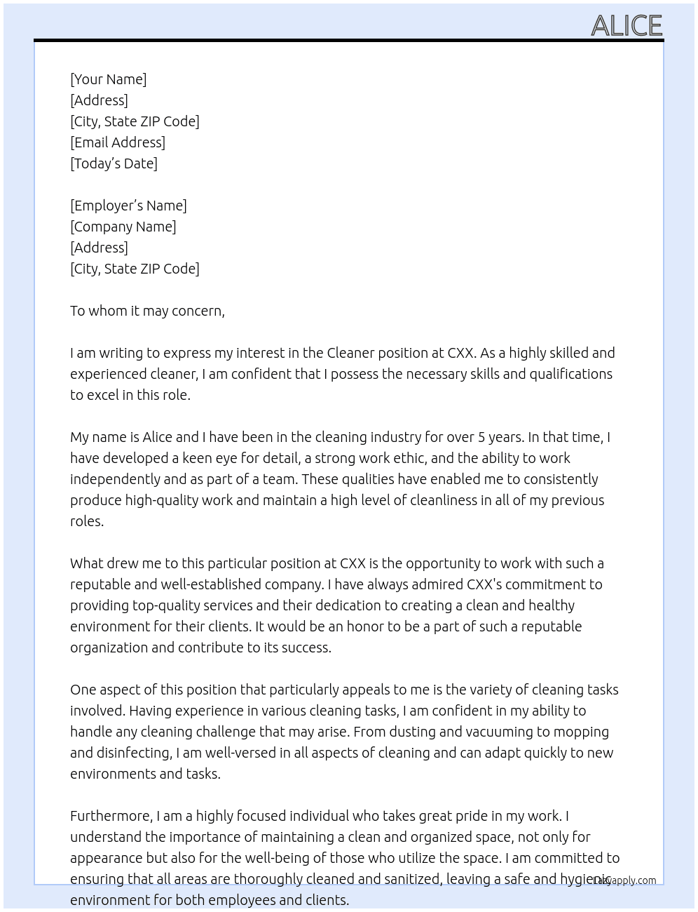 Cleaner At CXX Cover Letter
