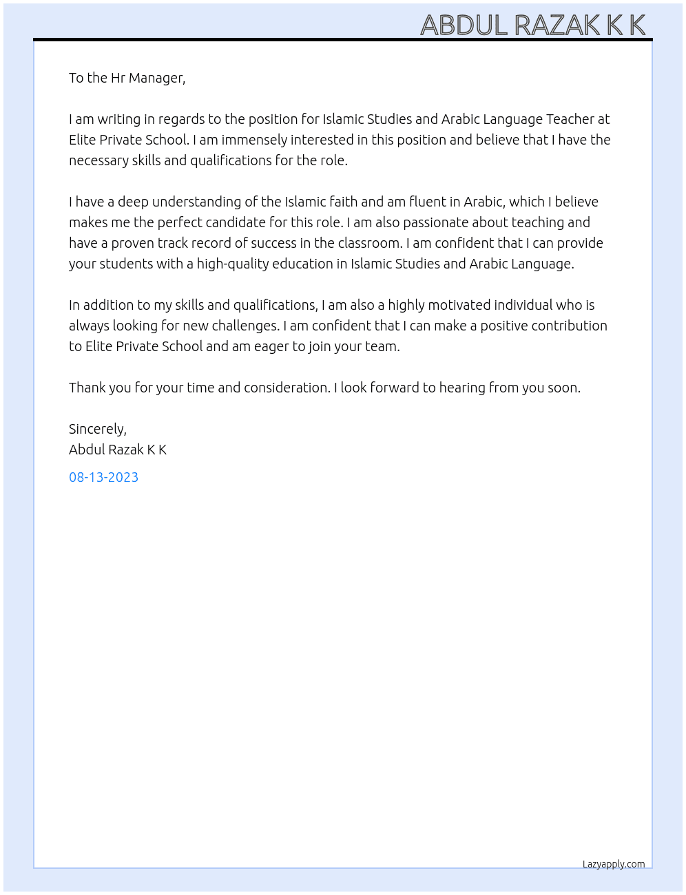 Islamic Studies and Arabic Language Teacher  At  Elite Private School  Cover Letter