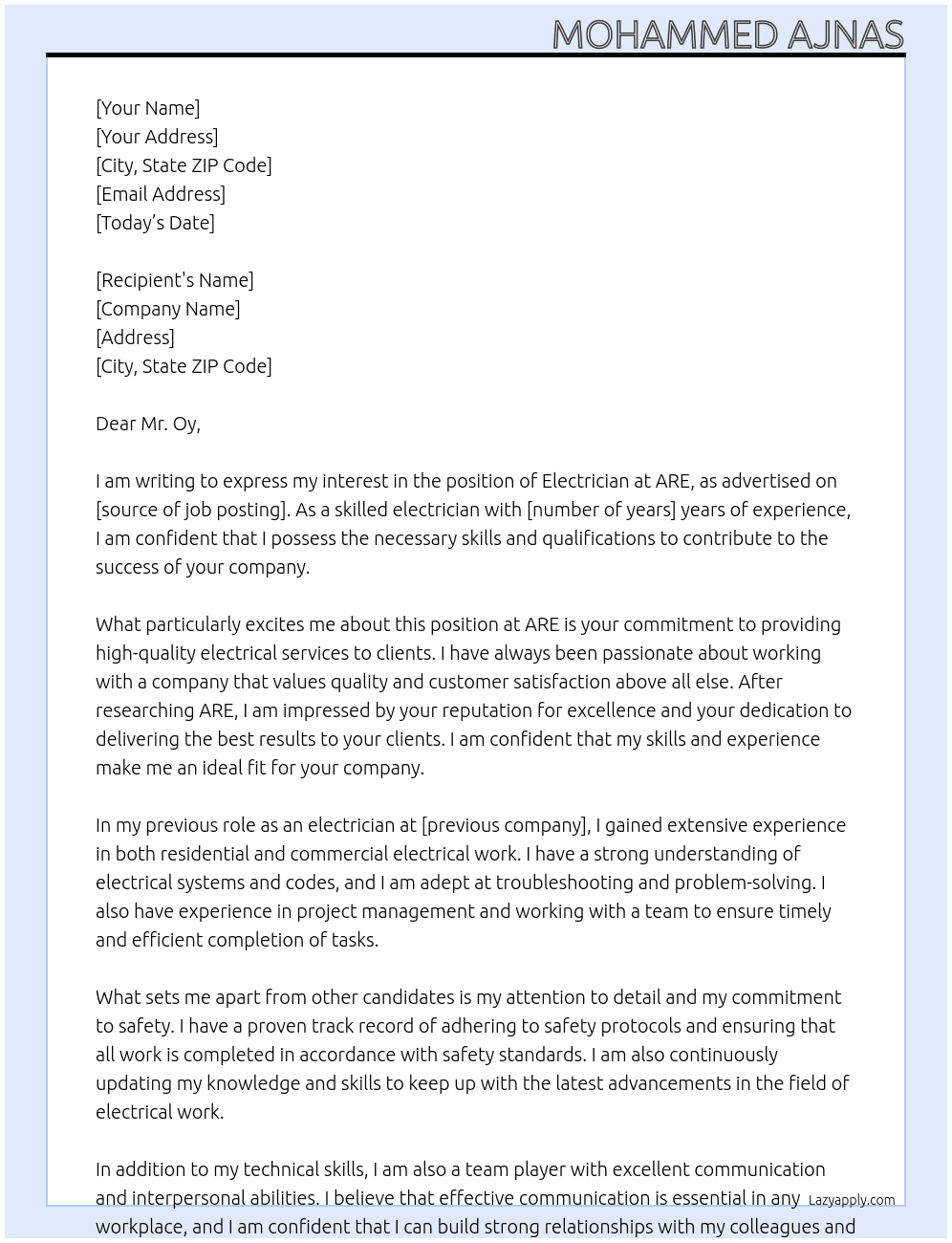 Electrician At ARE Cover Letter