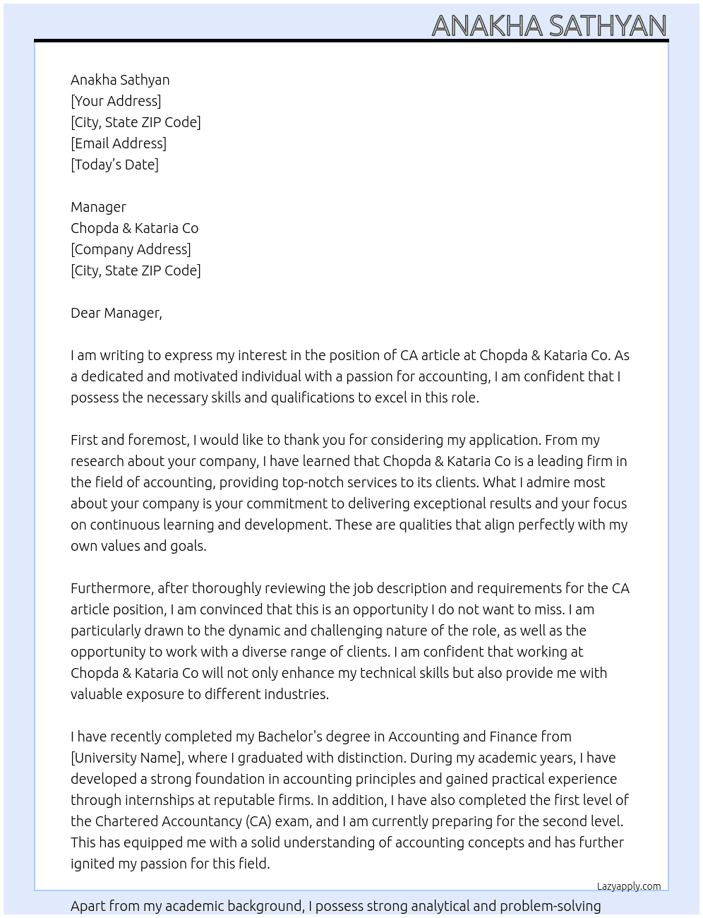 CA article At Chopda & Kataria co Cover Letter