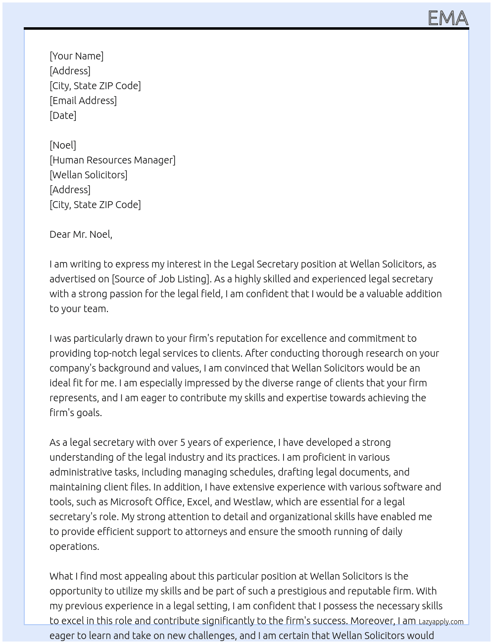 Legal secretary  At Wellan solicitors Cover Letter