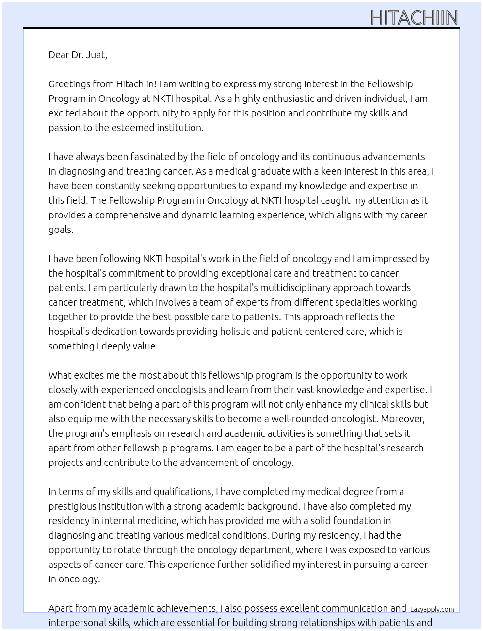 Fellowship progam in Oncology At NKTI hospital Cover Letter