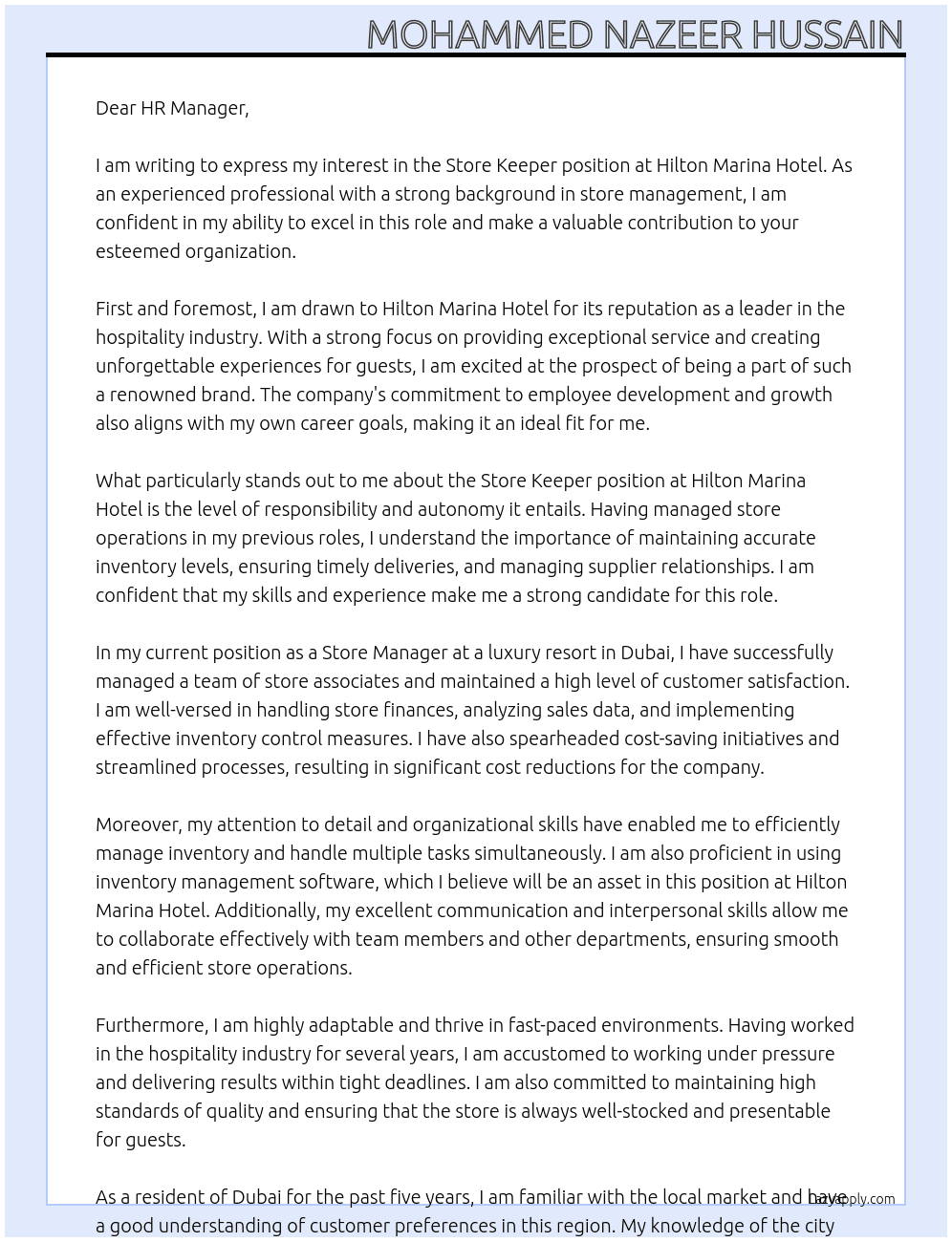Store keeper At Hilton marina hotel Cover Letter