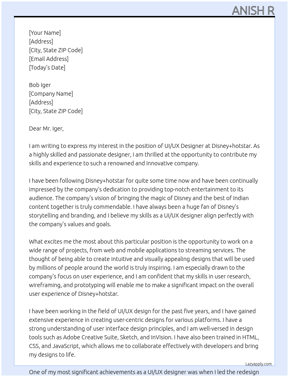 ui ux designer  At Disney+hitstar Cover Letter