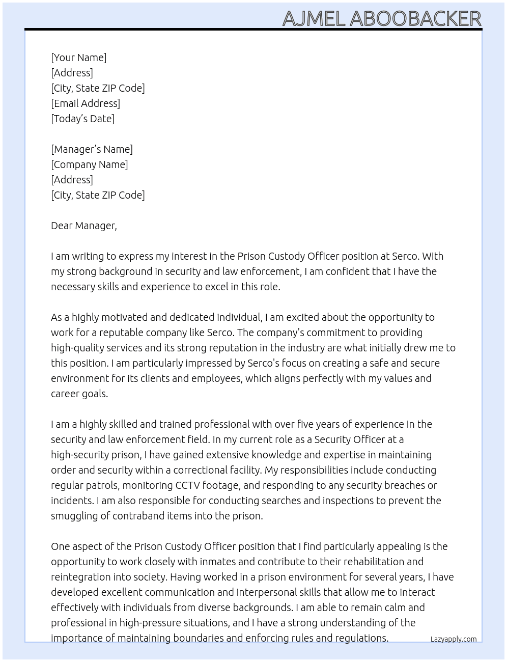 Prison custody officer At Serco Cover Letter