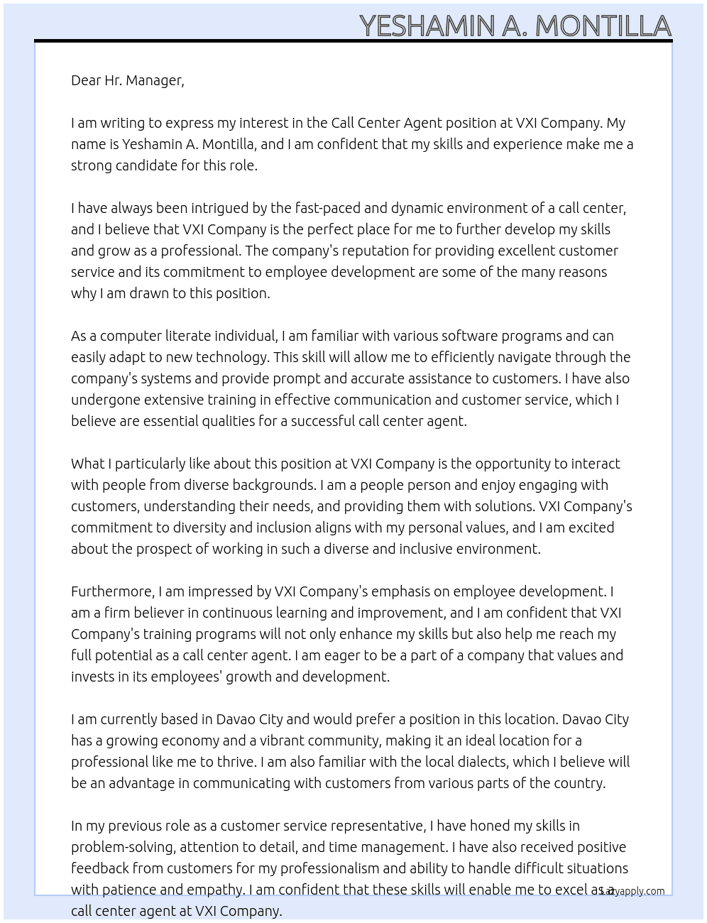 Call center agent At VXI company Cover Letter