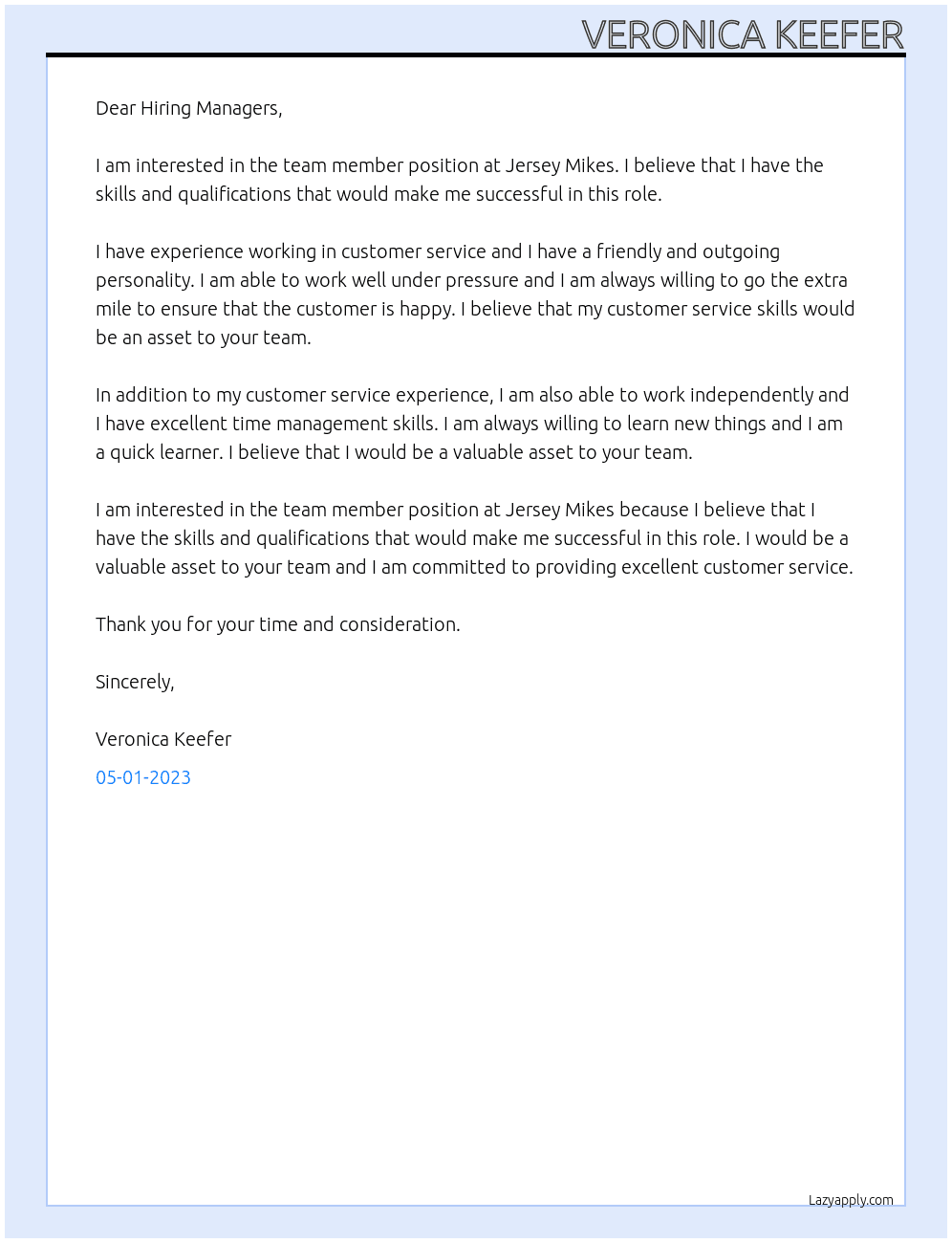 Team member At Jersey mikes Cover Letter