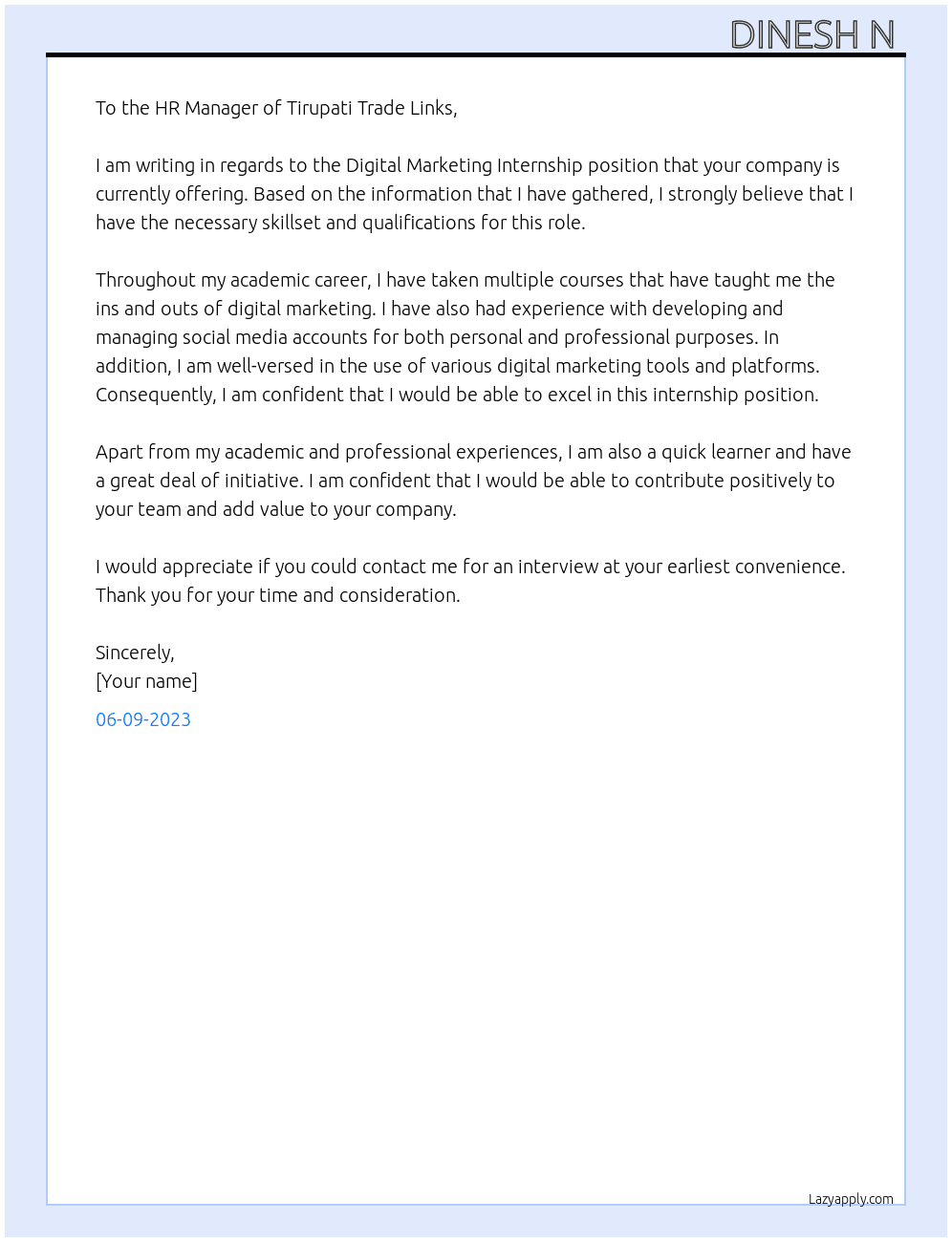 Digital Marketing Internship  At Tirupati Trade Links Cover Letter