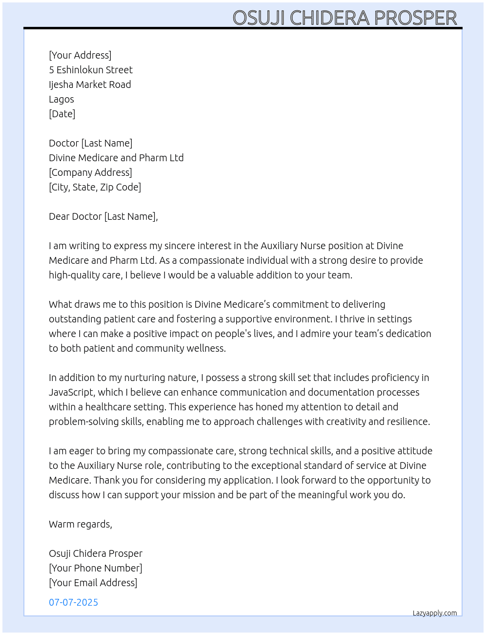Auxiliary Nurse At DIVINE MEDICARE AND PHARM LTD Cover Letter