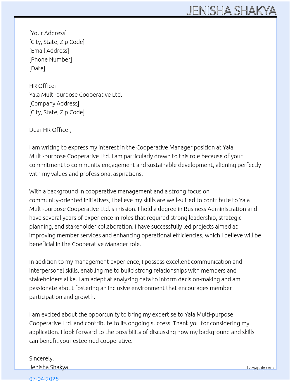 Cover letter for cooperative manager - LazyApply