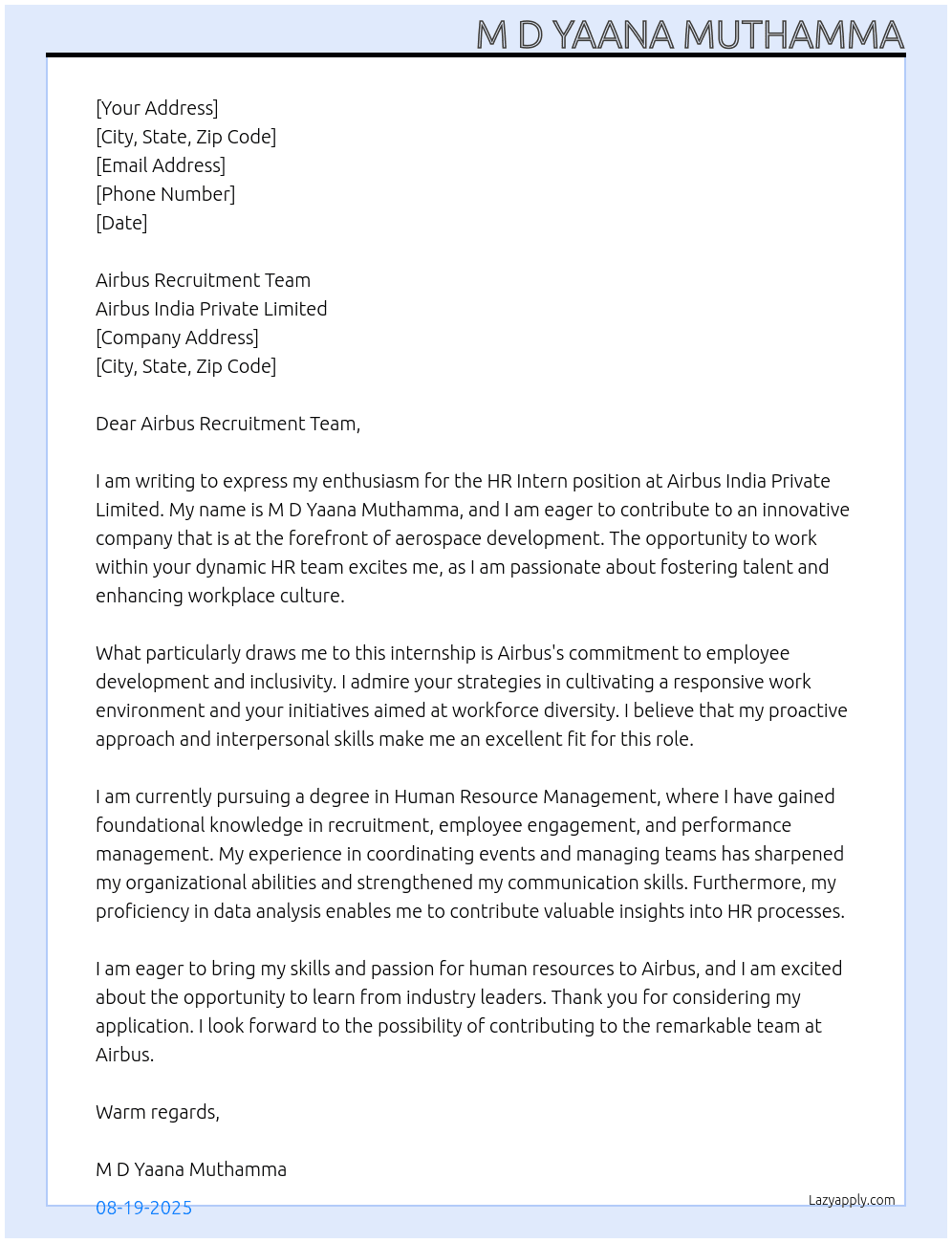 HR intern At Airbus India Private Limited Cover Letter