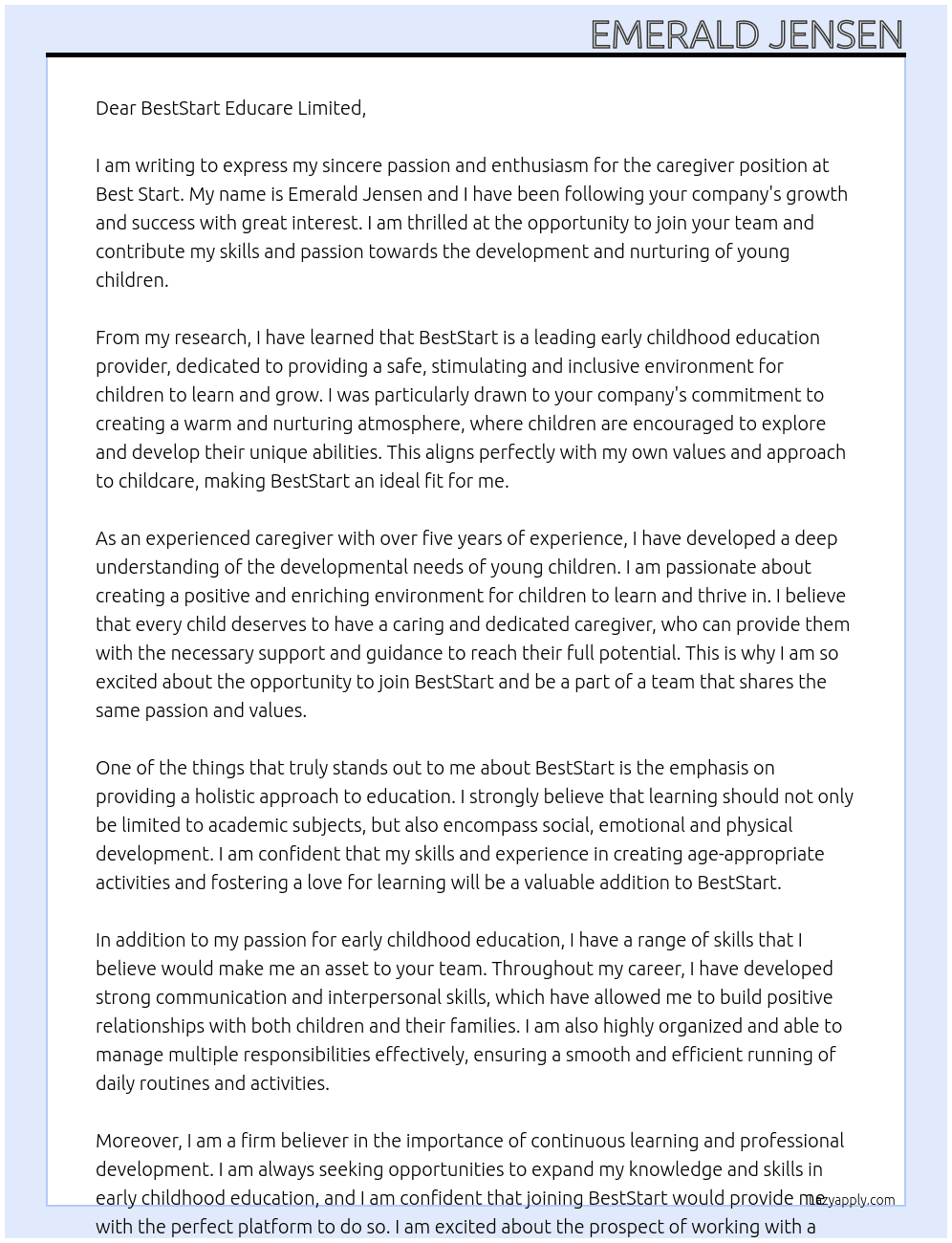 caregiver At best start Cover Letter