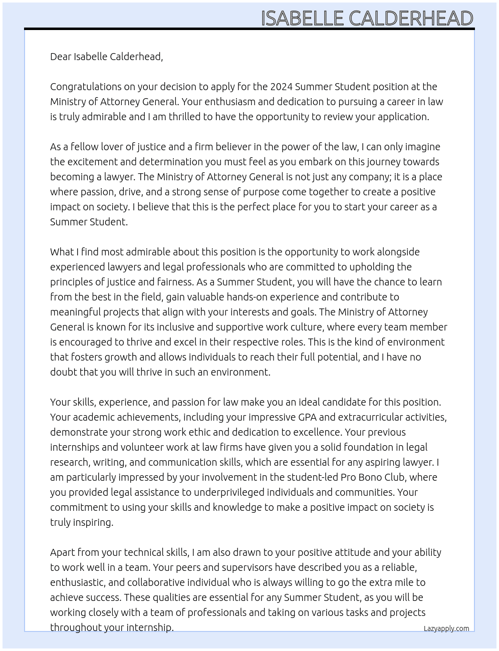 2024 Summer Student At Ministry of Attorney General Cover Letter