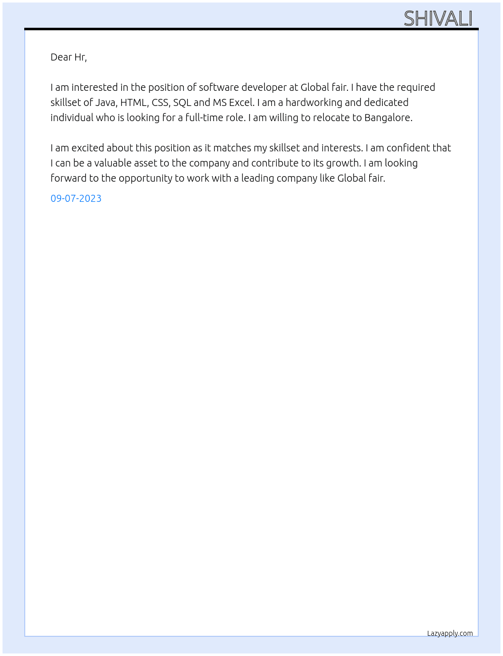Software developer  At Global fair  Cover Letter