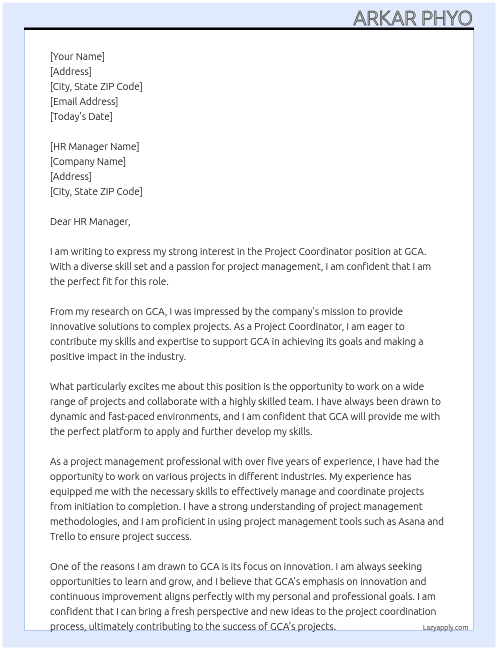 Project Coordinator At GCA Cover Letter