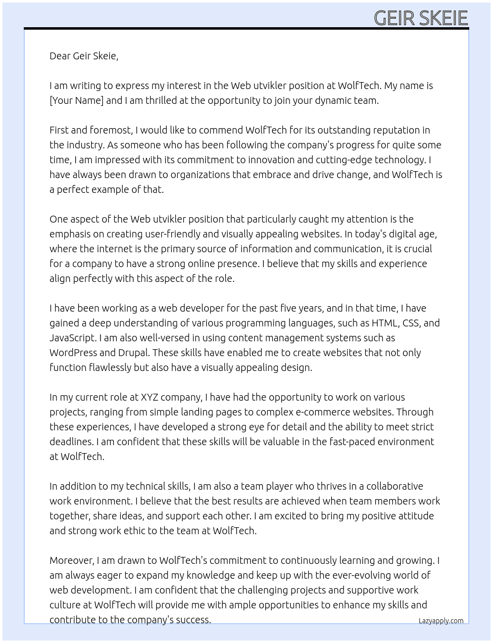 Web utvikler At WolfTech Cover Letter