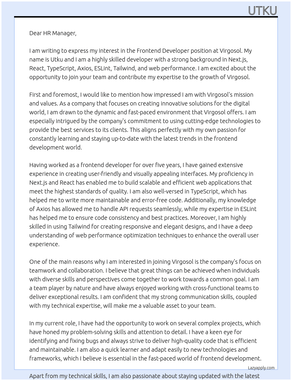 Frontend Developer At Virgosol Cover Letter