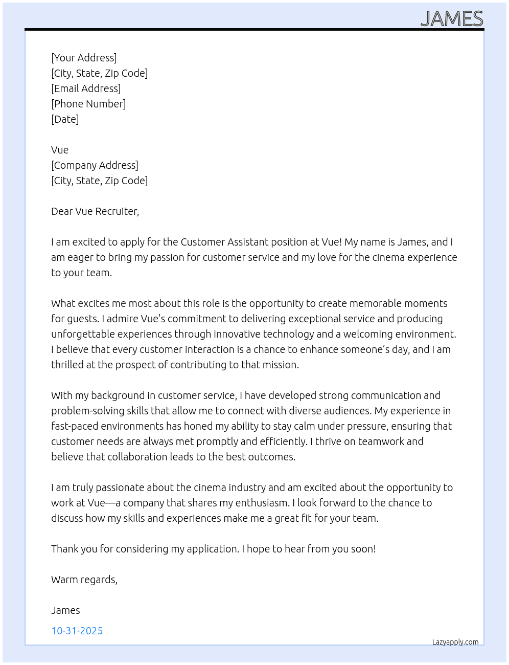 Customer Assistant At Vue Cover Letter
