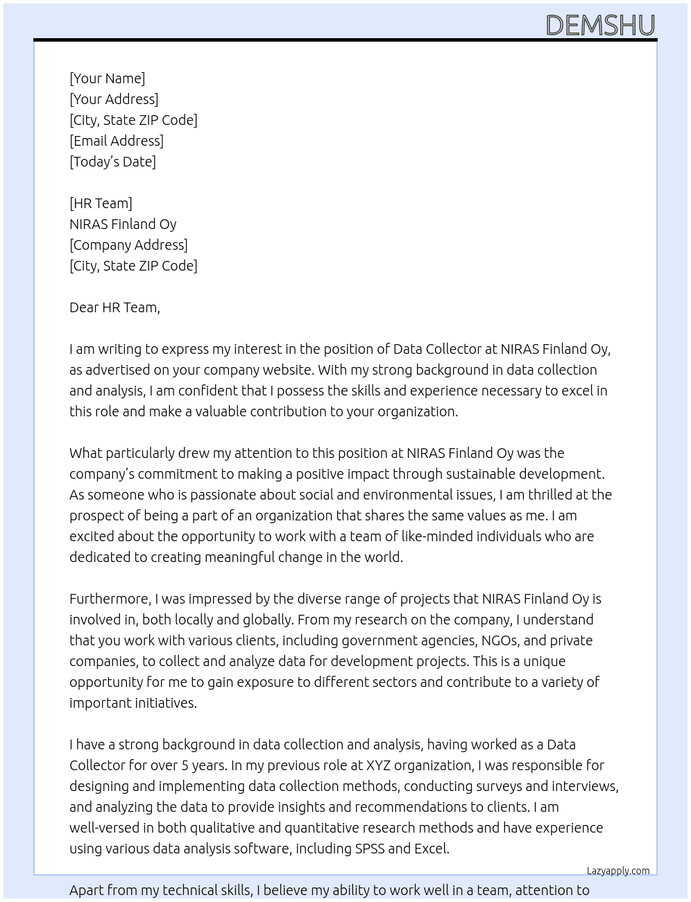 Data Collectors  At NIRAS Finland Oy Cover Letter