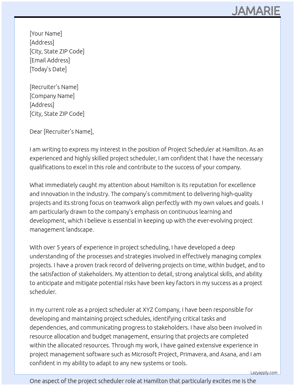 project scheduler At Hamilton Cover Letter