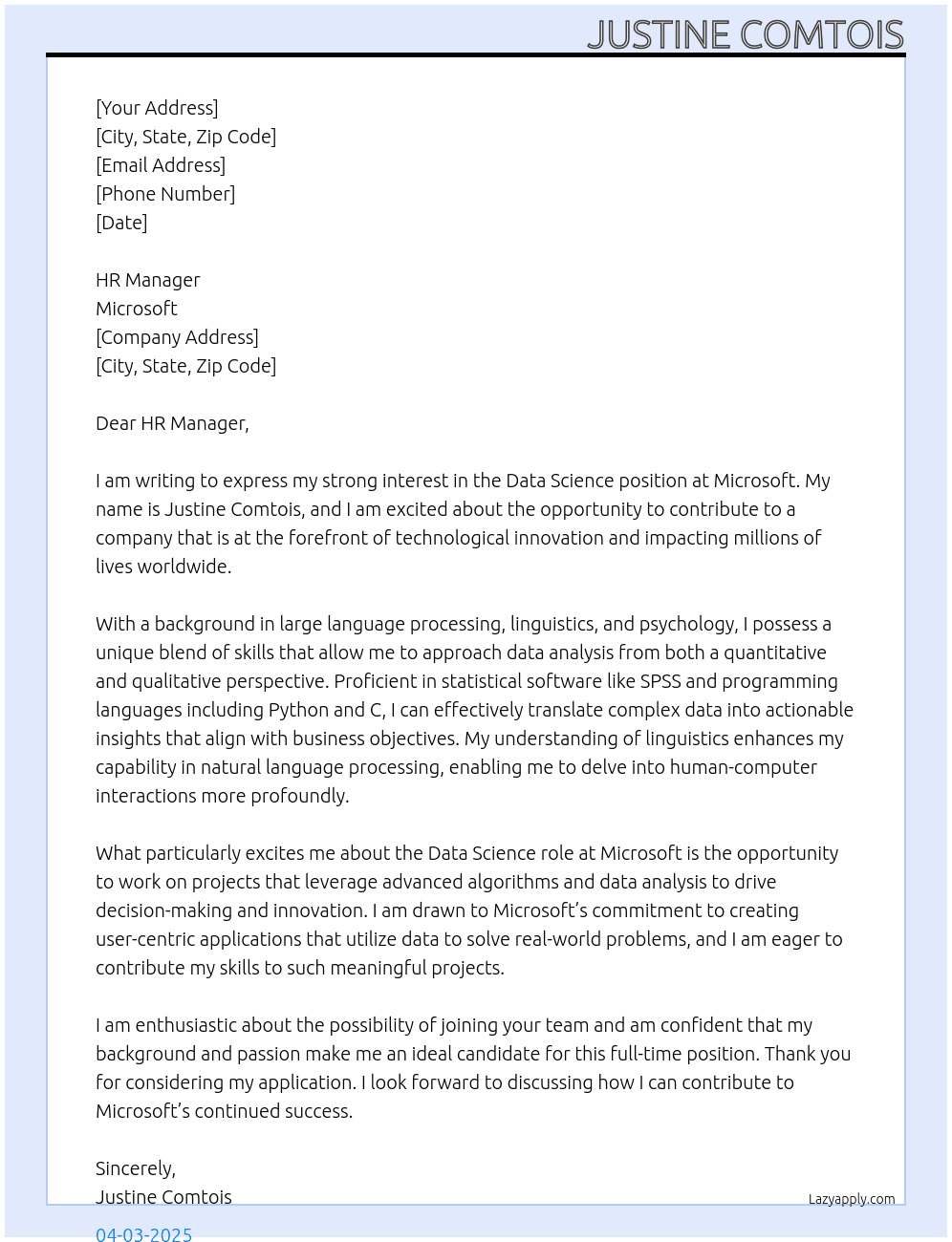 Data science At Microsoft Cover Letter