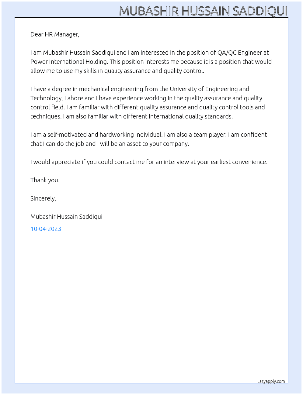 QA/QC Engineer At Power International Holding Cover Letter